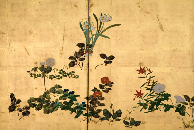Four panel screen with fine painting in ink and mineral colors of seasonal flowers on paper with gold leaf.<br />
<br />
Meiji era (1868-1912)