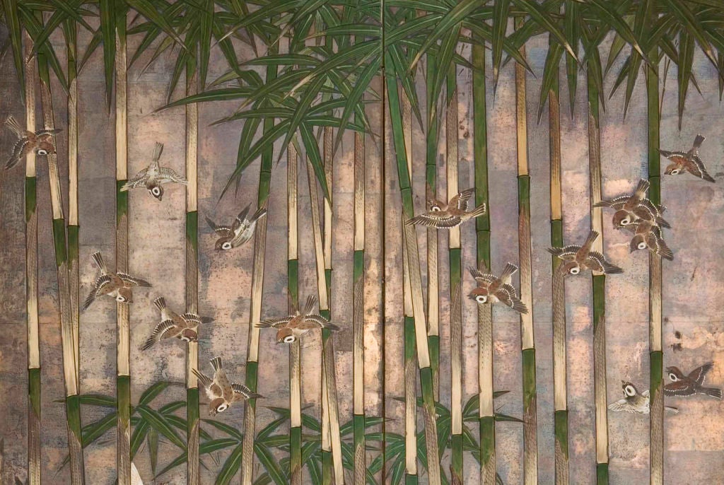 Six-panel folding screen with decor of over 60 flying sparrows in a bamboo grove; painting in ink and mineral colors on silver leaf with a dark patina;  the frame is lacquered in negoro lacquer and mounted with the original hardware featuring a