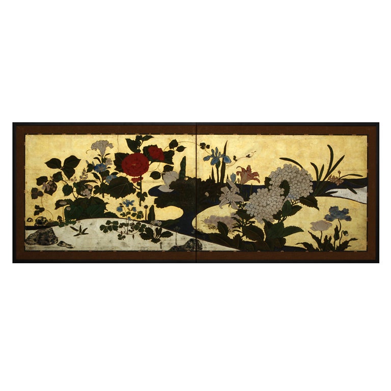 Furosaki Tea Screen with Seasonal Flowers For Sale