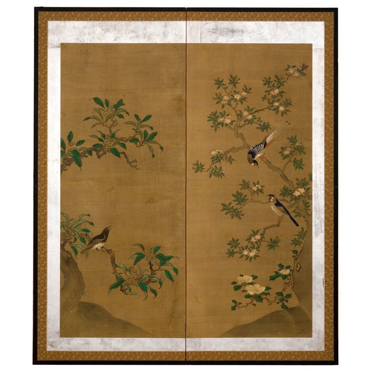Japanese Screen with Birds and Flowers For Sale