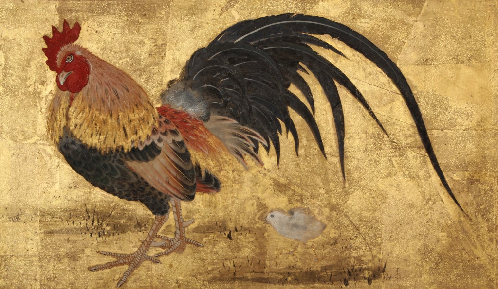 Two-panel folding furosaki tea screen with painting in ink and mineral colors on gold leaf of a chicken family with a rooster, chicken and three chicks.