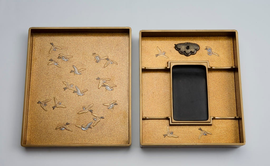 Wood Gold-Lacquer Writing Box with Sparrows and Bamboo For Sale