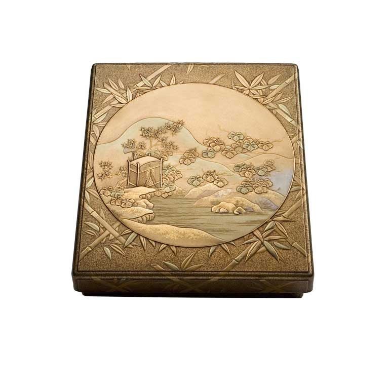 Gold-Lacquer Writing Box with Sparrows and Bamboo For Sale