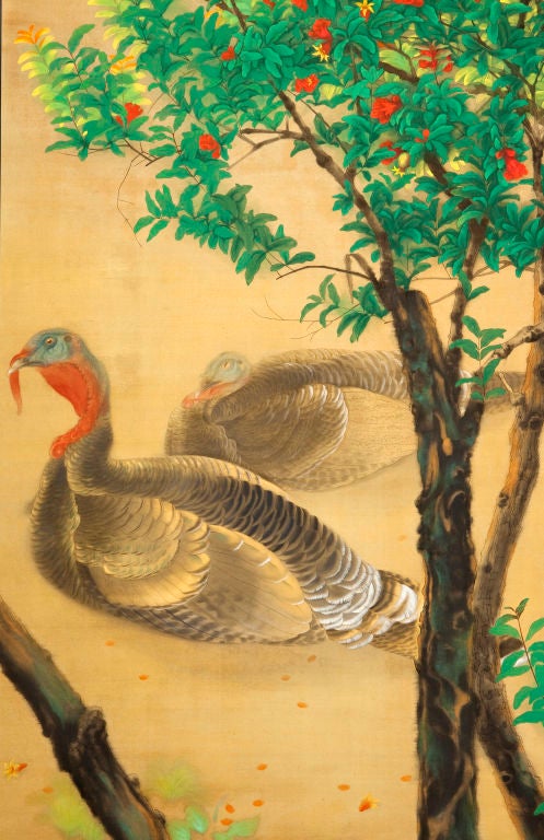 Turkeys by bamboo and blooming tree painting. Two-panel folding screen.