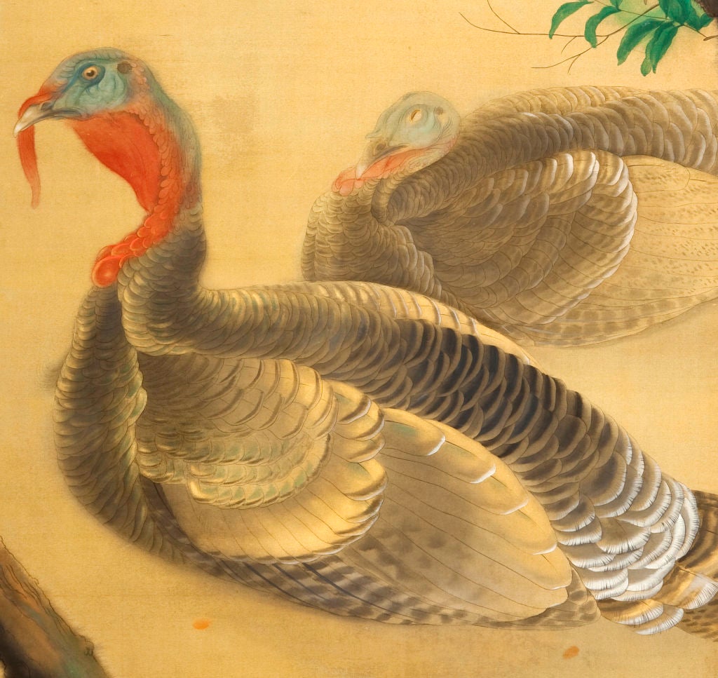 Japanese Turkeys by Bamboo and Blooming Tree Painting For Sale