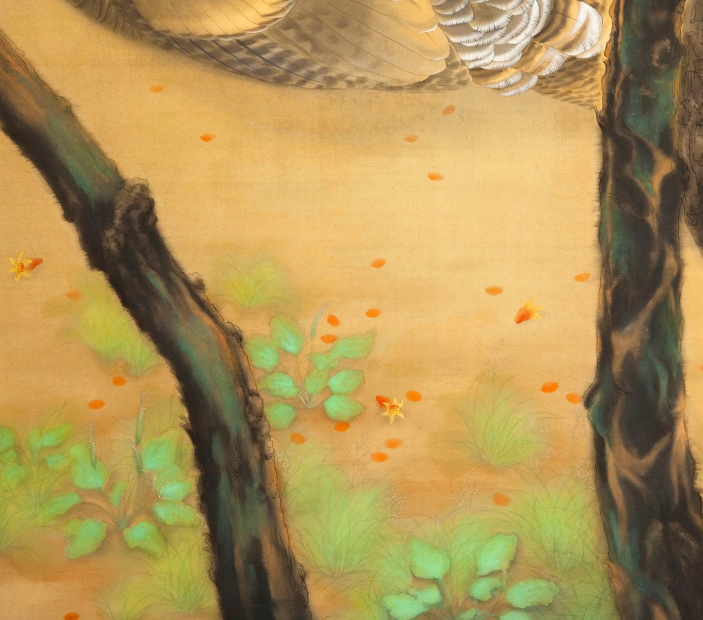 Turkeys by Bamboo and Blooming Tree Painting In Excellent Condition For Sale In New York, NY