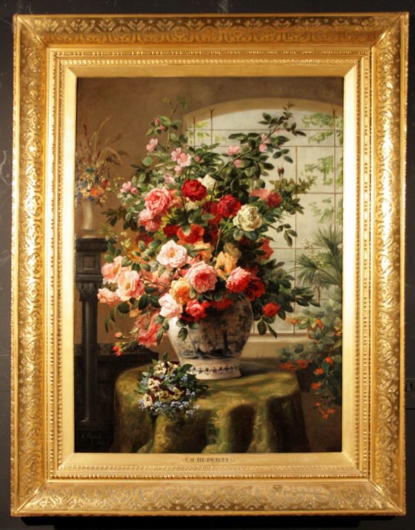 This impressive still-life of opulent flowers was painted by the nineteenth century Belgian artist Charles Euphrasie Ruperti. Known primarily as a still-life painter, Ruperti’s best works were comprised of large vertical compositions of flowers