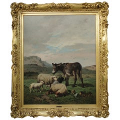 Sheep & Donkey in Landscape by Louis Marie Robbe