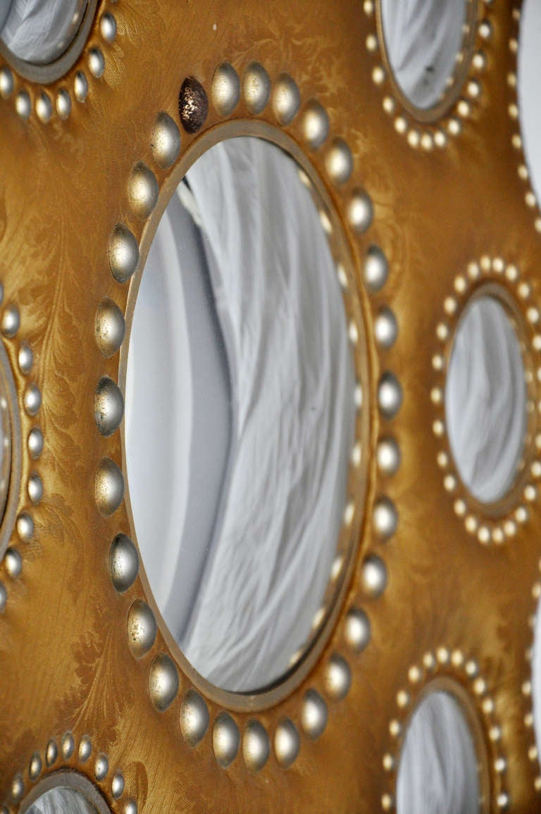 Mid-20th Century Continental Faux Leather Brass Studded Octagonal MIrror