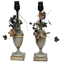 Pair Of French Tole Floral Vases, Mounted As Lamps, Circa 1920.