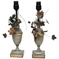 Pair Of French Tole Floral Vases, Mounted As Lamps, Circa 1920. 