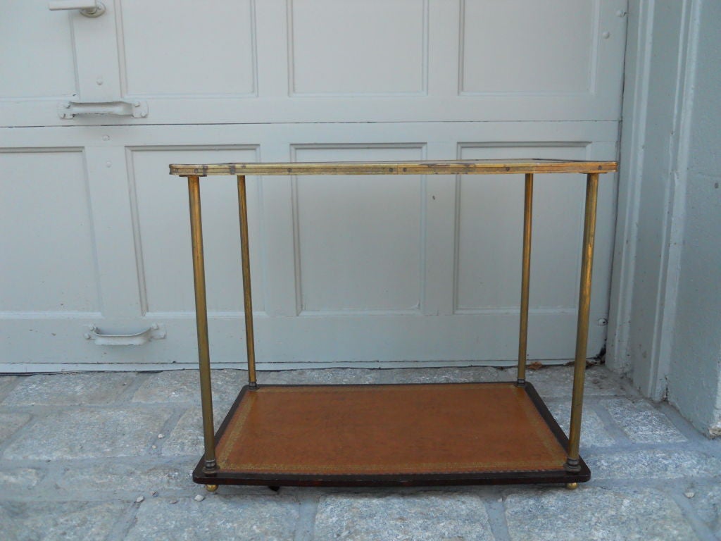 English Two Tier Leather and Brass Side Table
