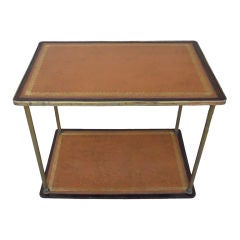 Antique English Two Tier Leather and Brass Side Table