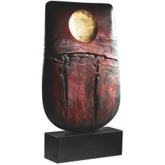 Peter Hayes Ceramic Sculpture, "Red Bow With Gold Leaf Disc"