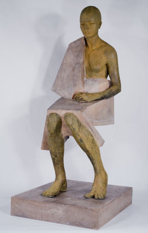 Bronze and Wood Sculpture by Jesus Curia Perez "Mujer Sentada"