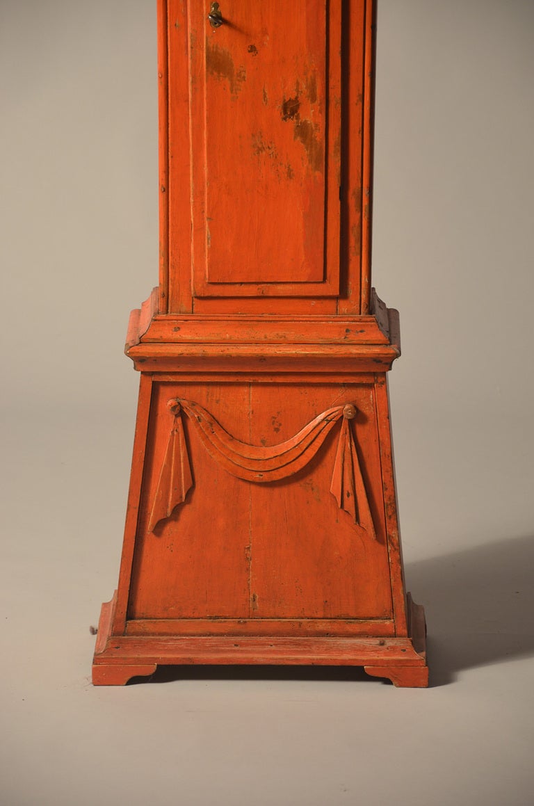 Danish Red Painted Tall Clock In Good Condition In Wells, ME