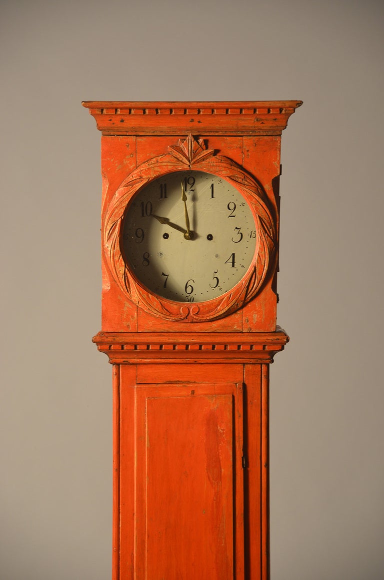 Neoclassical Danish Red Painted Tall Clock