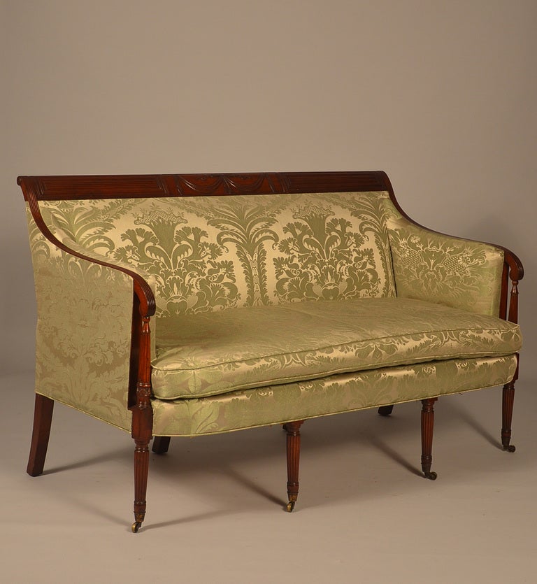Rare New York settee attributed to Duncan Phyfe with great carving.

Usually when we get upholstered furniture the fabric is appalling but this one is very good (both choice and condition).
We have carefully removed the tacks along the back and