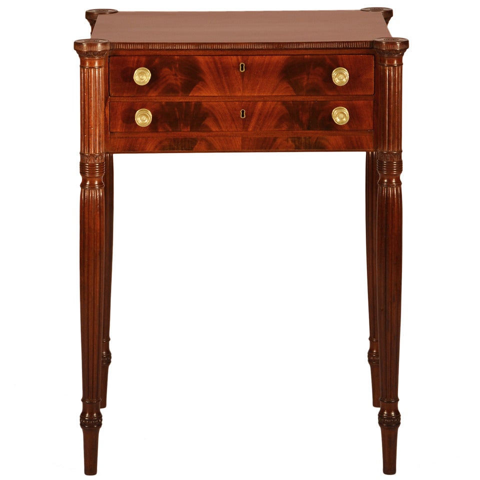 Salem Sheraton Carved Mahogany Two Drawer Work Table For Sale