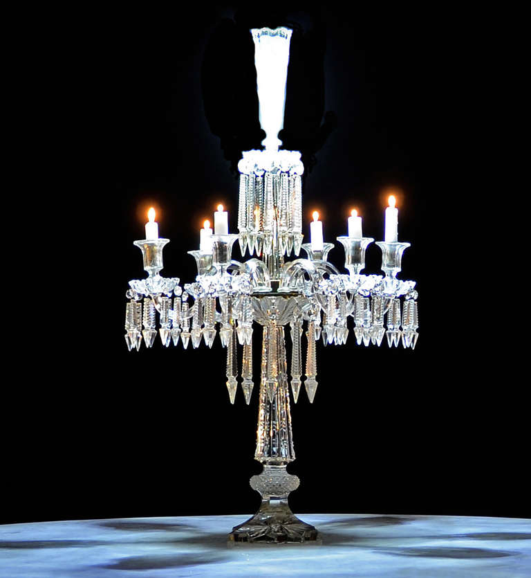 Fantastic Neoclassical cut glass six arm candelabrum.

From the Estate of Georges Bemberg (Otto Jorge Bemberg), New York City.  Bemberg was a well known Connoisseur & Collector. Born into a wealthy Argentine Banking & Manufacturing family, he had