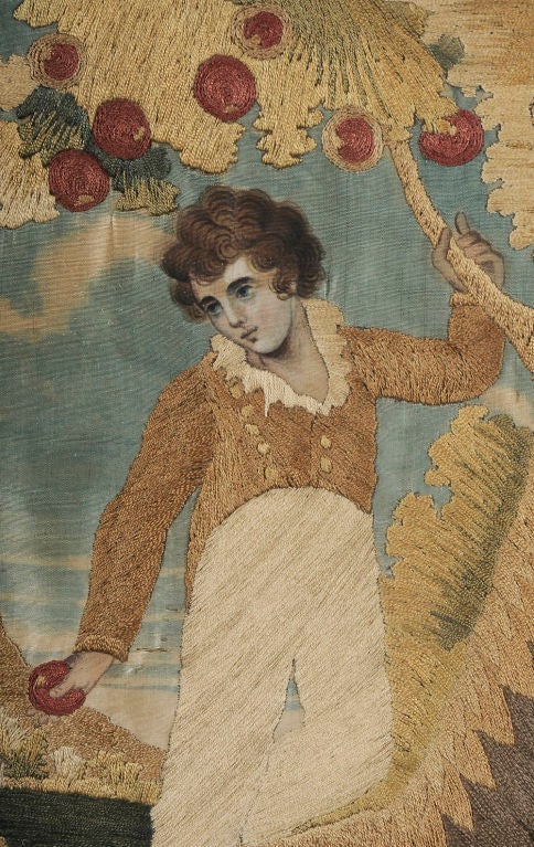 Silk Needlework of a Young Boy Picking Apples