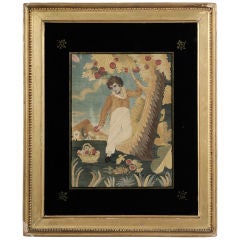 Antique Silk Needlework of a Young Boy Picking Apples
