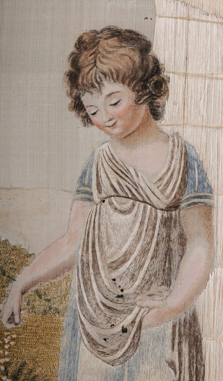 English "Painted Face" Needlework of a Child Feeding Chickens