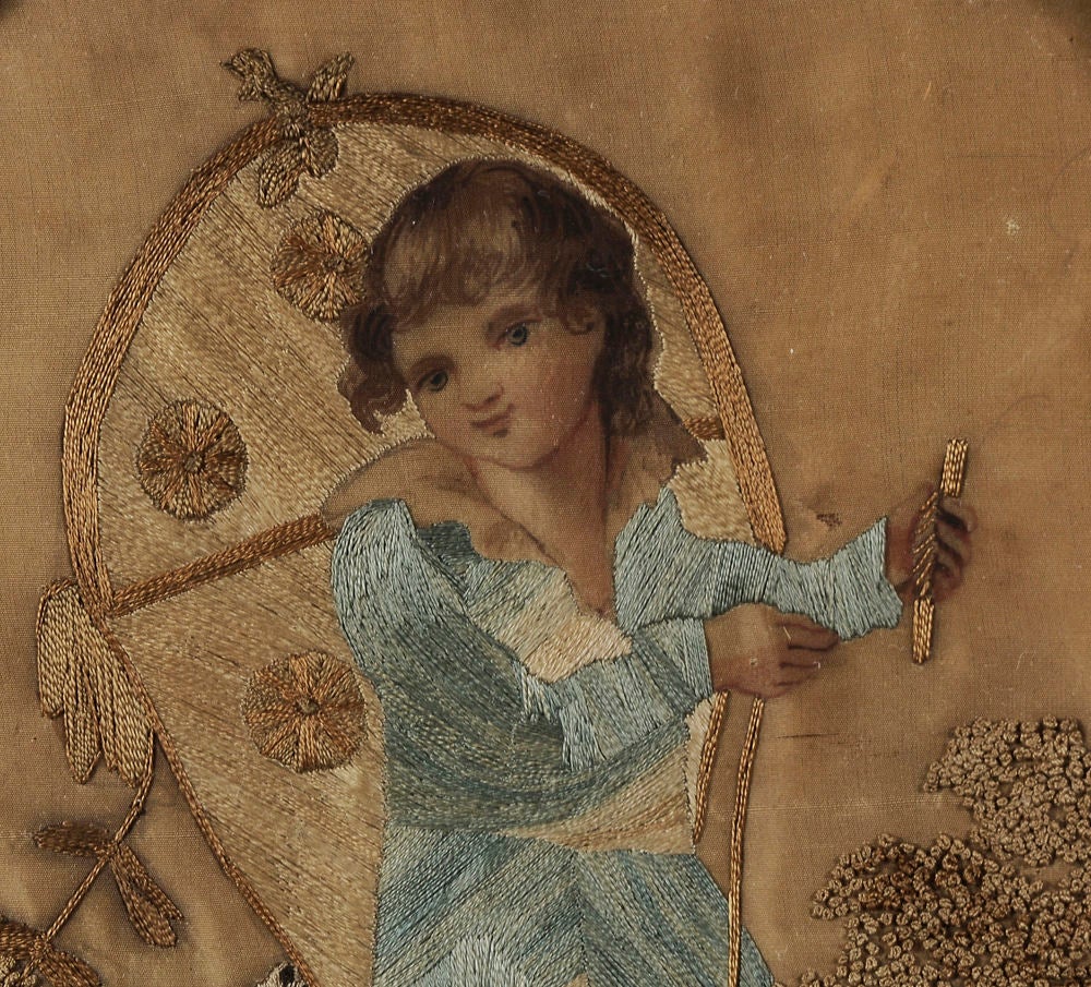 English “Painted Face” Oval Silk Needlework of a Young Boy