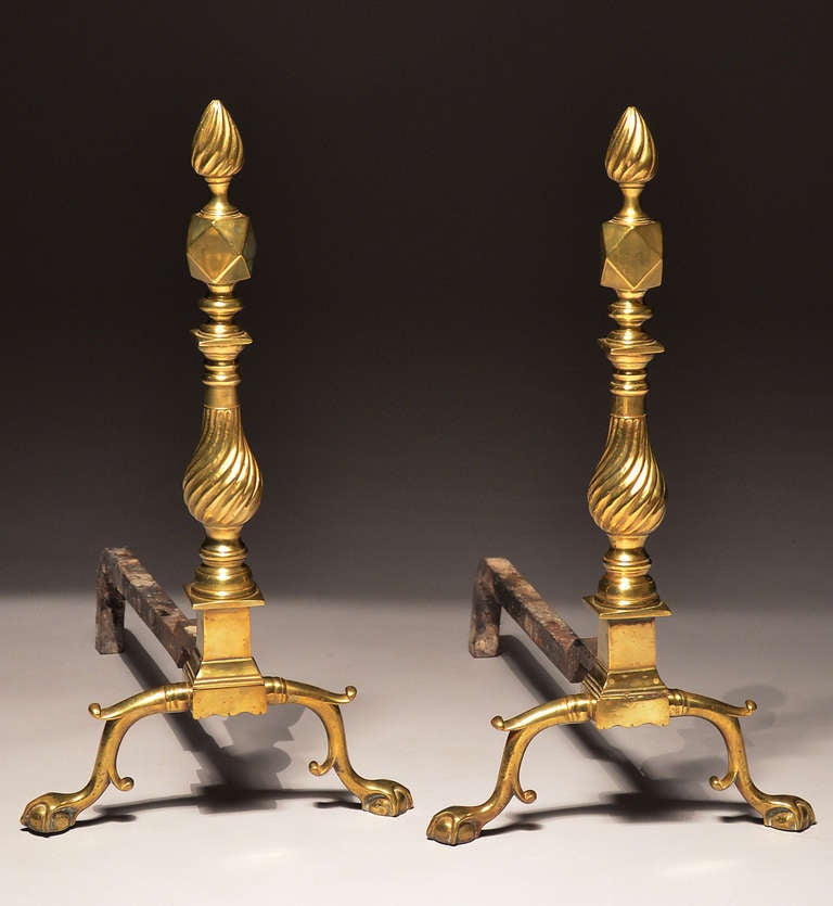 Important Pair Of Philadelphia Chippendale Brass Andirons Attributed To Daniel K