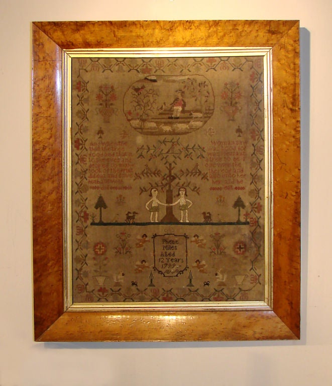 18th Century and Earlier Sampler of Adam and Eve by Phebe Miles