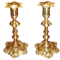 Antique Pair Queen Anne Six-Lobbed Petal-Base Candlesticks with Shell Decoration