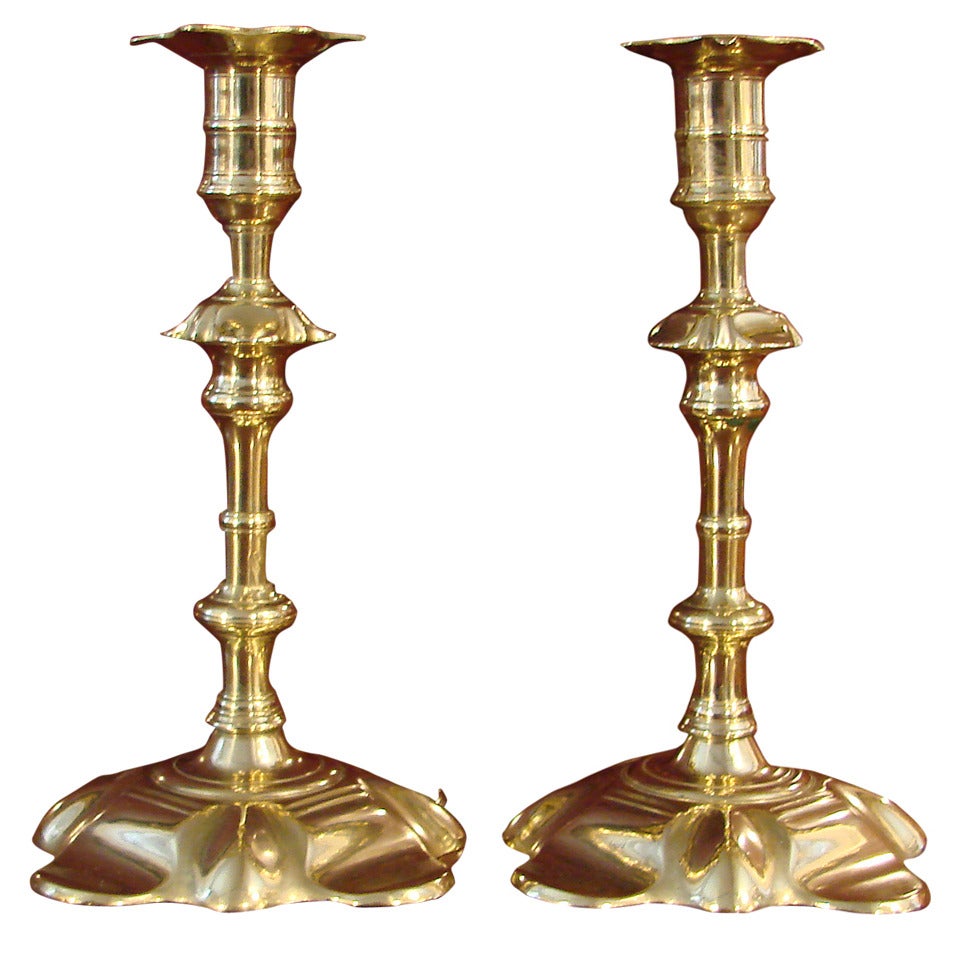 Pair Queen Anne Brass Petal-Base Candlesticks For Sale