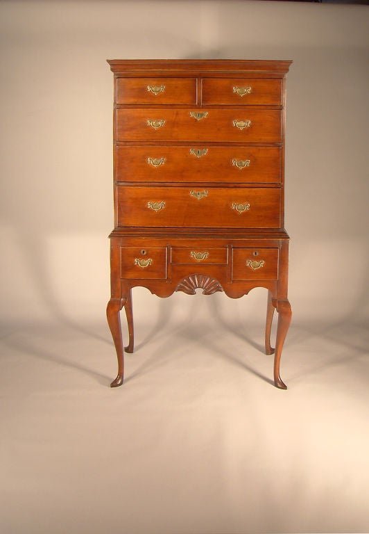 Newport, Rhode Island maple flattop highboy with shell carved apron. Diminutive in size and perfectly proportioned. The legs are the superb Townsend/Goddard square section cabriole type with wonderful slipper feet. These legs (and most Newport