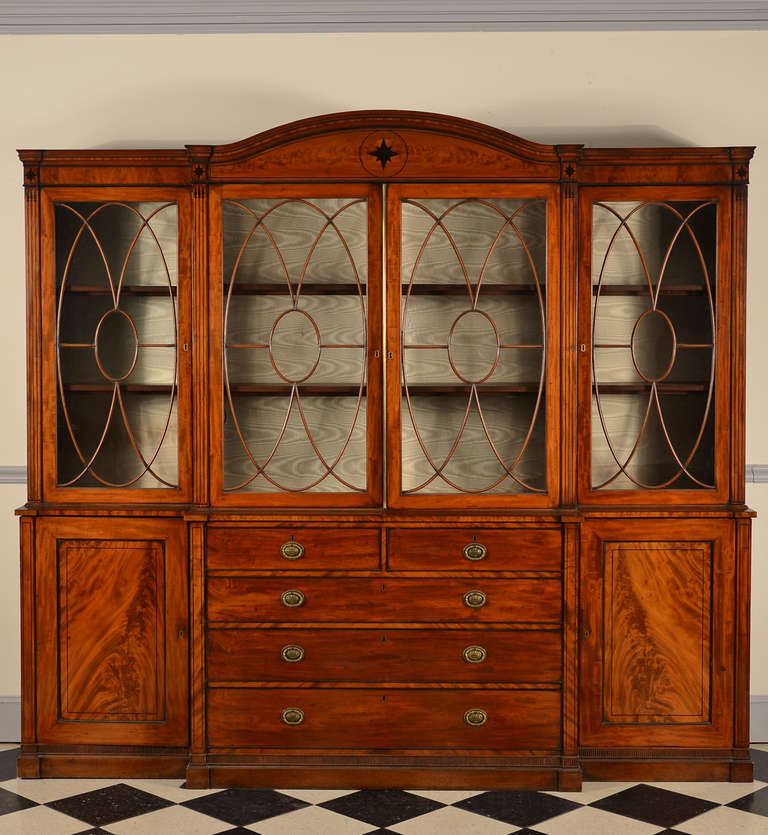 Superb English Regency Mahogany Inlaid Breakfront Bookcase