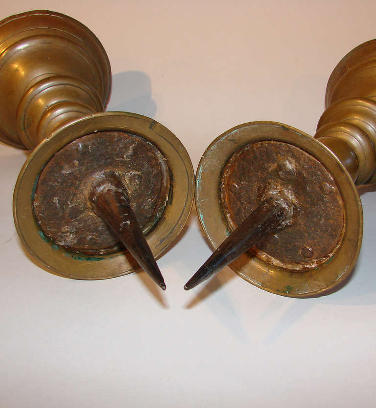 Dutch Pair of Flemish Baroque Brass Pricket Sticks For Sale