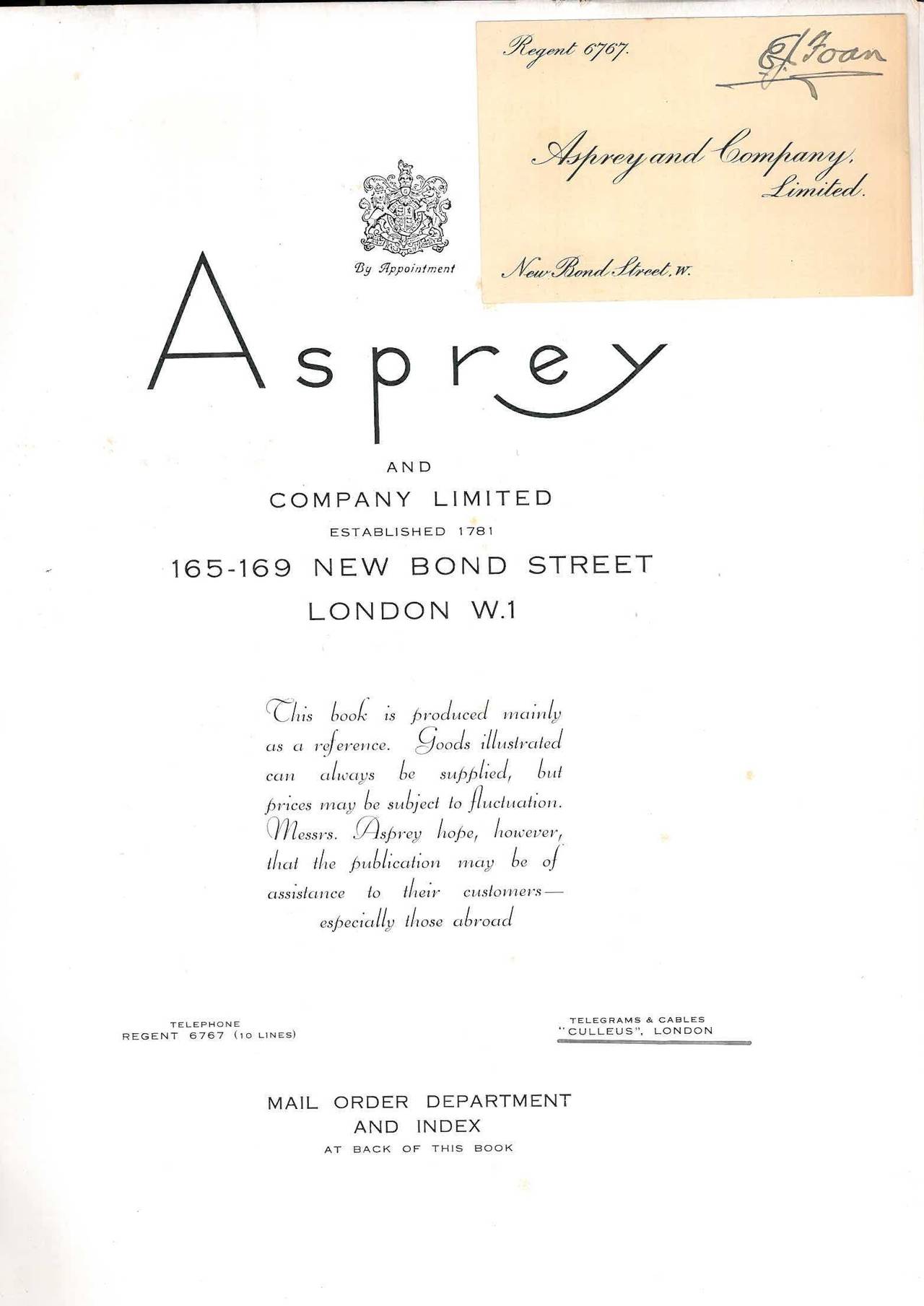 This is the luxury edition of Asprey and Company Limited Mail Order Catalogue from around 1930, with an imitation crocodile skin cover and velum spine. 205 pages (43 of which are in colour) which are fully illustrated with Art Deco styled items