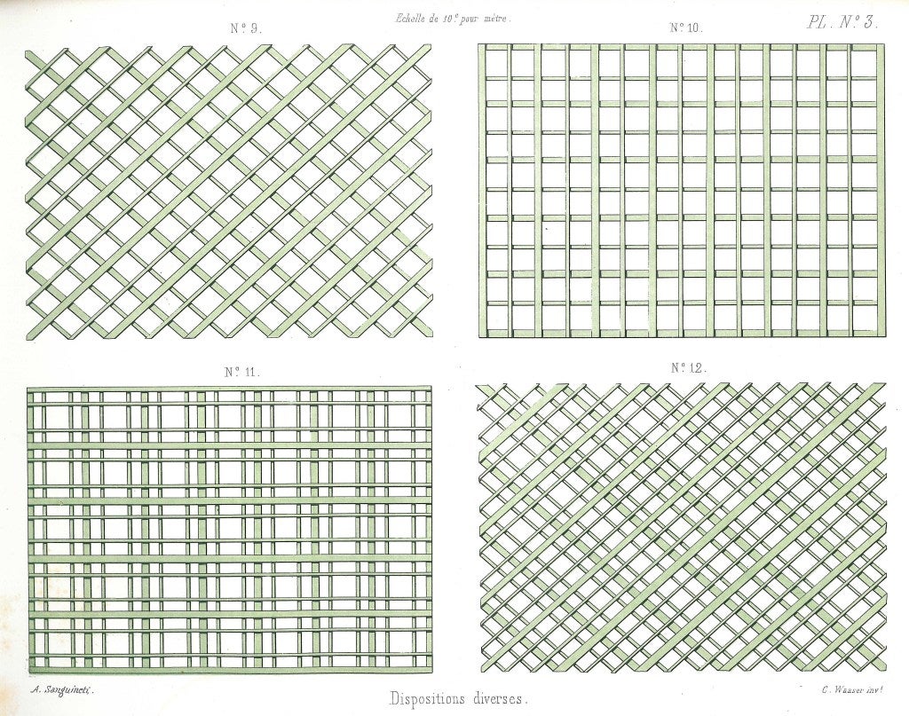 A unique and very very scarce French 19th century trellis pattern book depicting a vast and fascinating collection of intricate trellis styles, suitable for landscape architects. 45 colour pages with 97 different designs.
