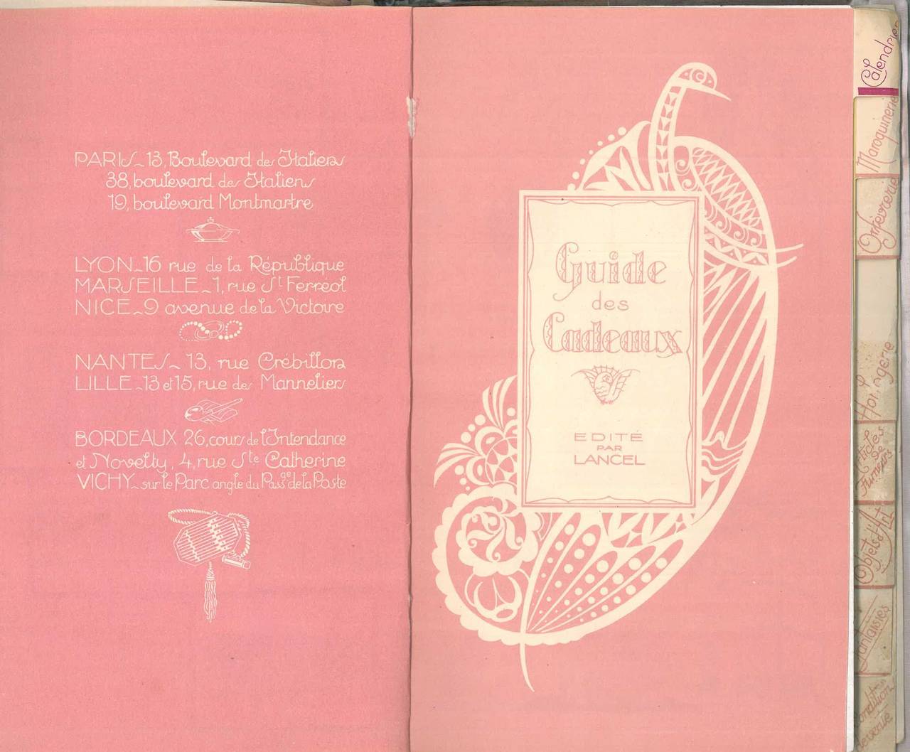 A trade catalogue of luxury gifts and products made by the up-market/luxury leather dealer, Dating from the mid-late 1920s showing more than 700 items which are priced and pictured in different sections - Maroquinerie, Orfeverie, Joaillerie,