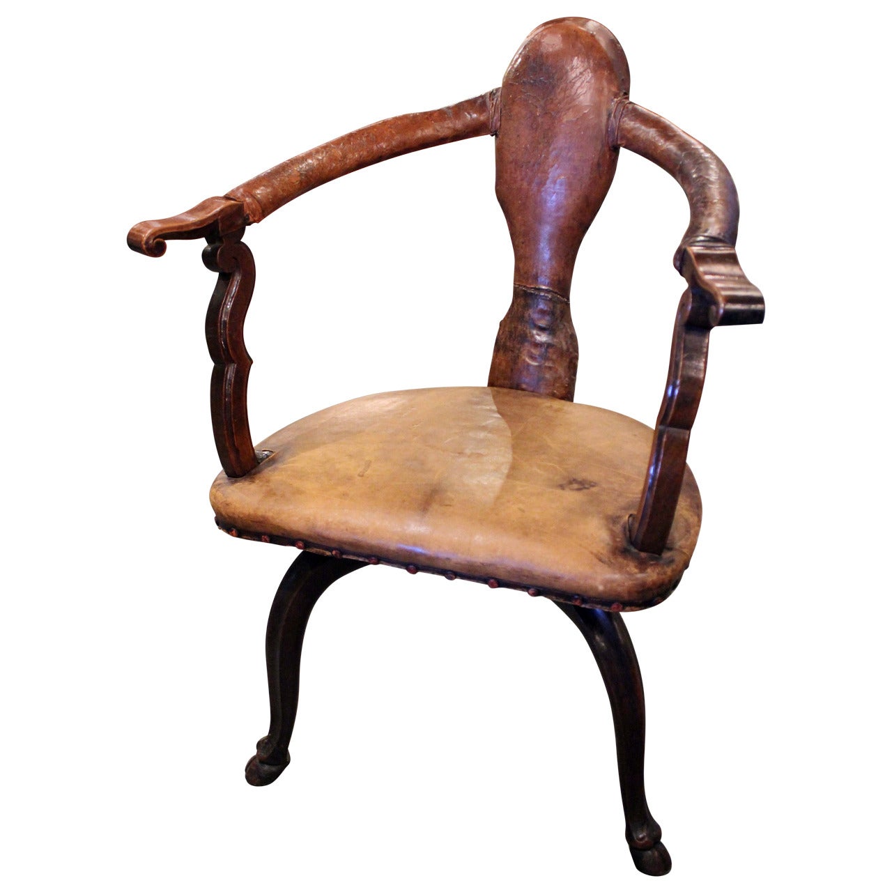 Italian Walnut and Leather Swivel Chair For Sale