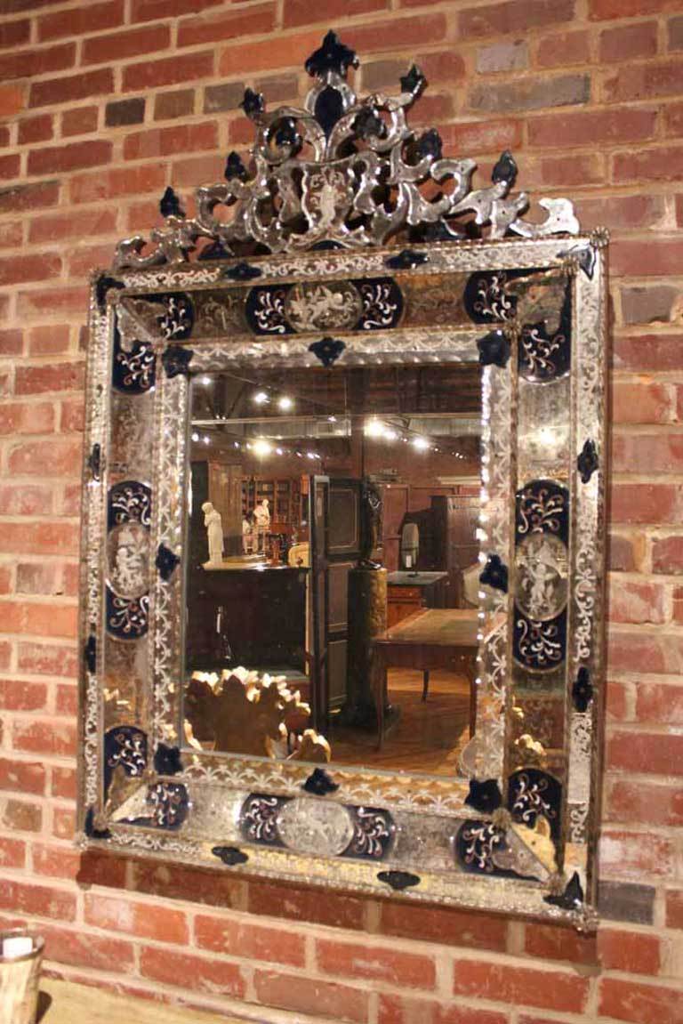 Italian Venetian Wall Mirror with Cobalt Blue and Etched Cherub Accents