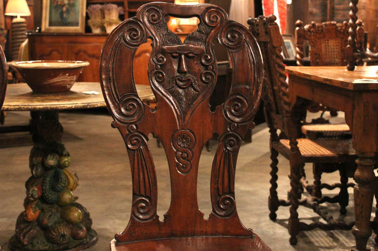Pair Of Jacobean Hall Chairs With Shaped Seats, Tapered Legs, Pierced Carved Back In Good Condition For Sale In High Point, NC