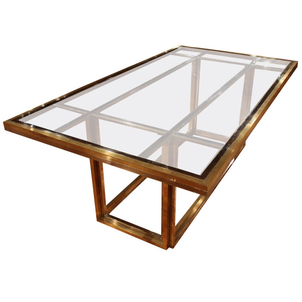 French Chrome and Brass Glass Top Table For Sale