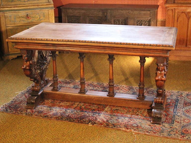 19th Century Neo-Classical Library Table with Trestle Supports of Carved Caryatids