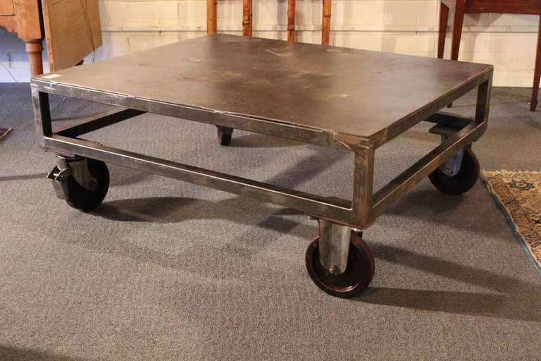 English industrial low table with four casters, two locking