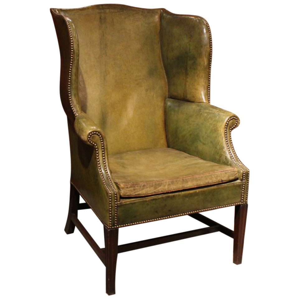 English Green Leather Wing Chair