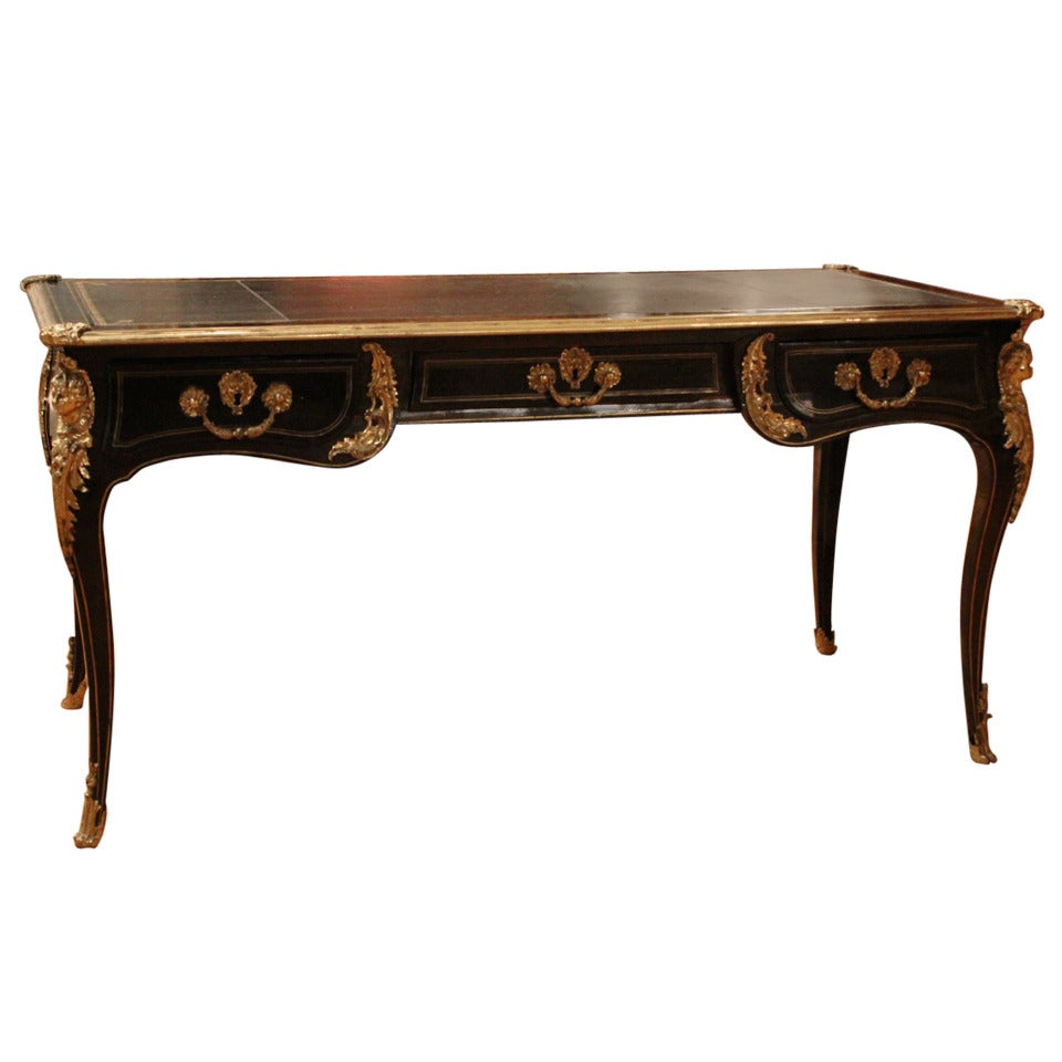 French Bureau Plat in Dark Brown Lacquer and Brass For Sale