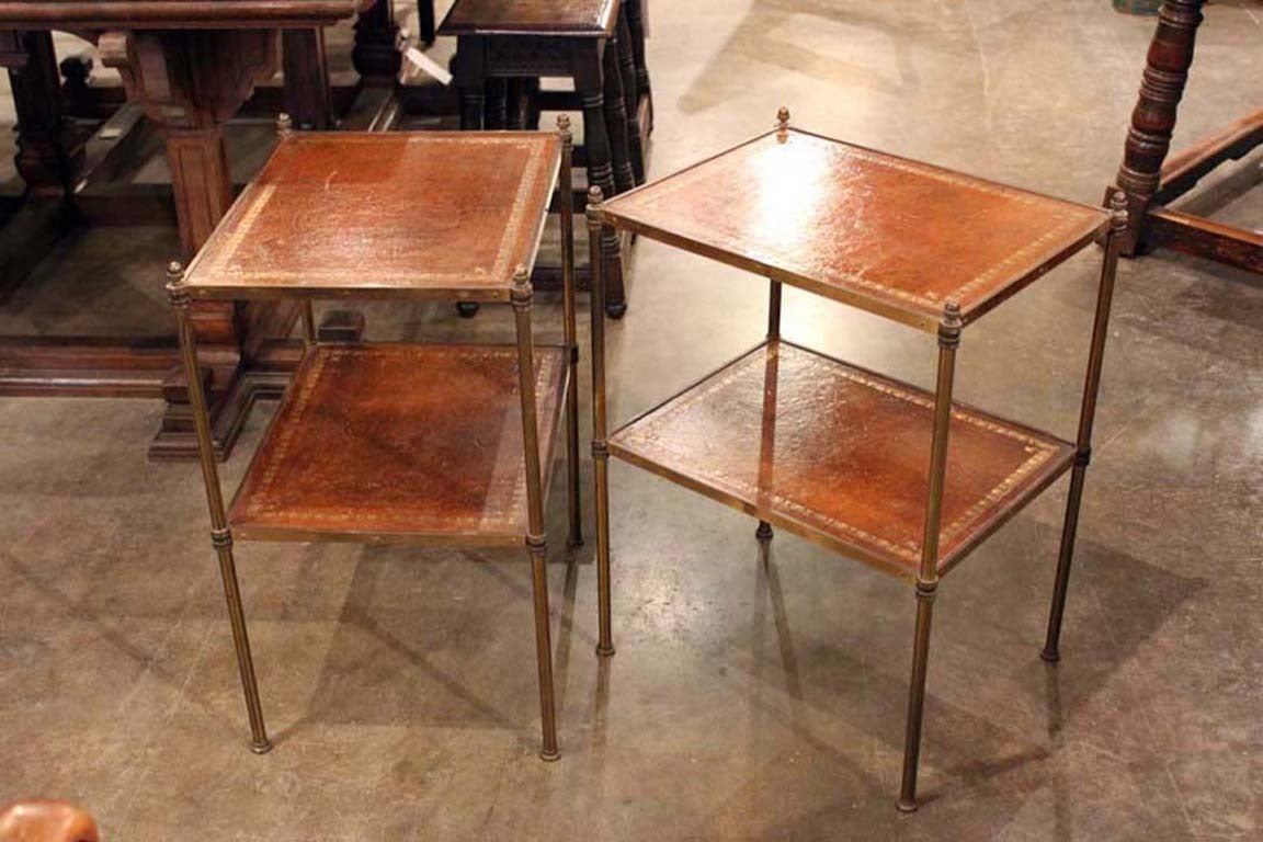 Pair of Brass and Leather Two Tiered Trolleys
