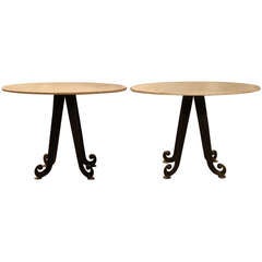 Vintage Pair of Italian Travertine Top and Iron Base Consoles