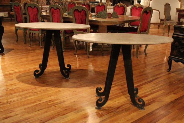 Pair of Italian Travertine Top and Iron Base Consoles