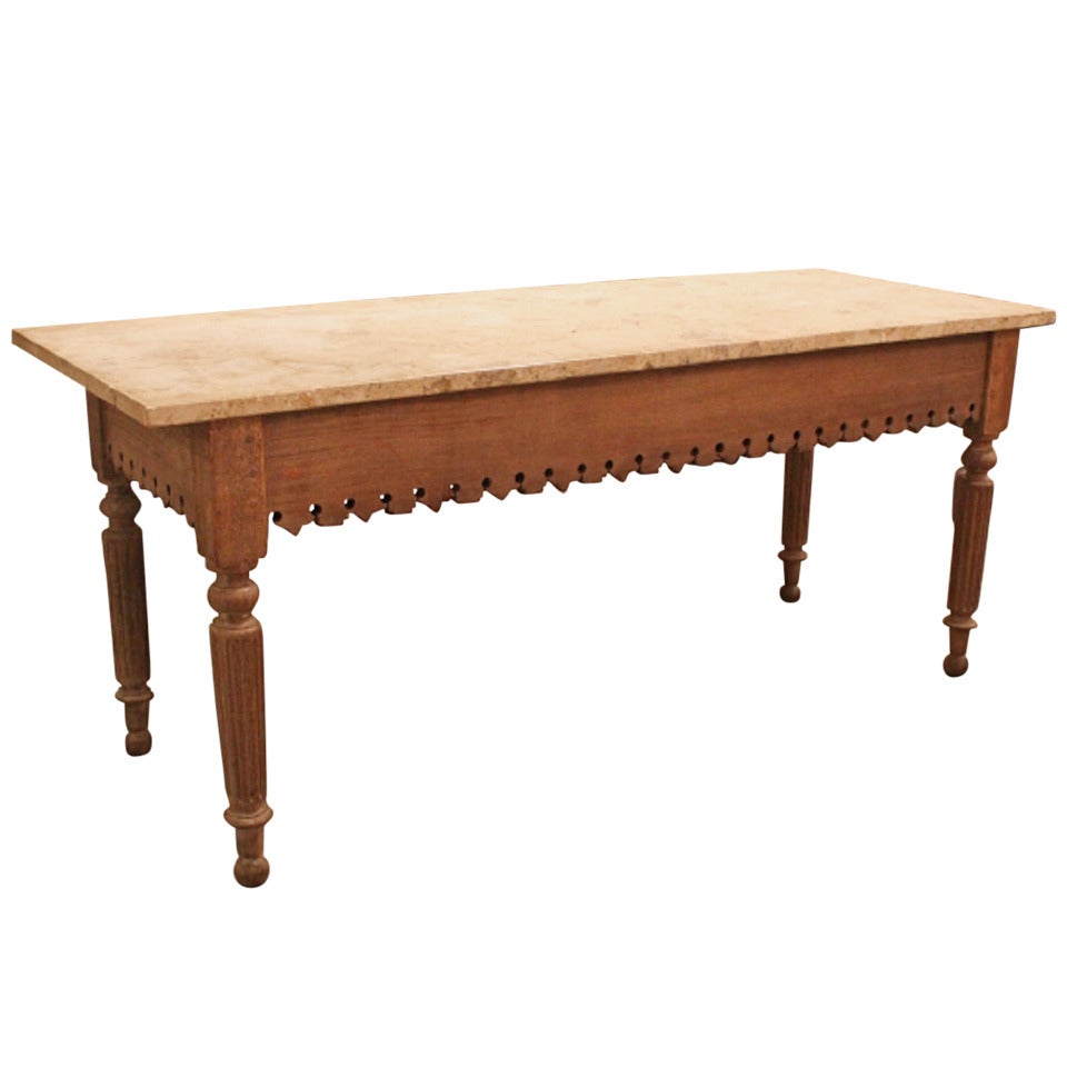 French Marble Top Table with Carved Base and Turned Legs For Sale
